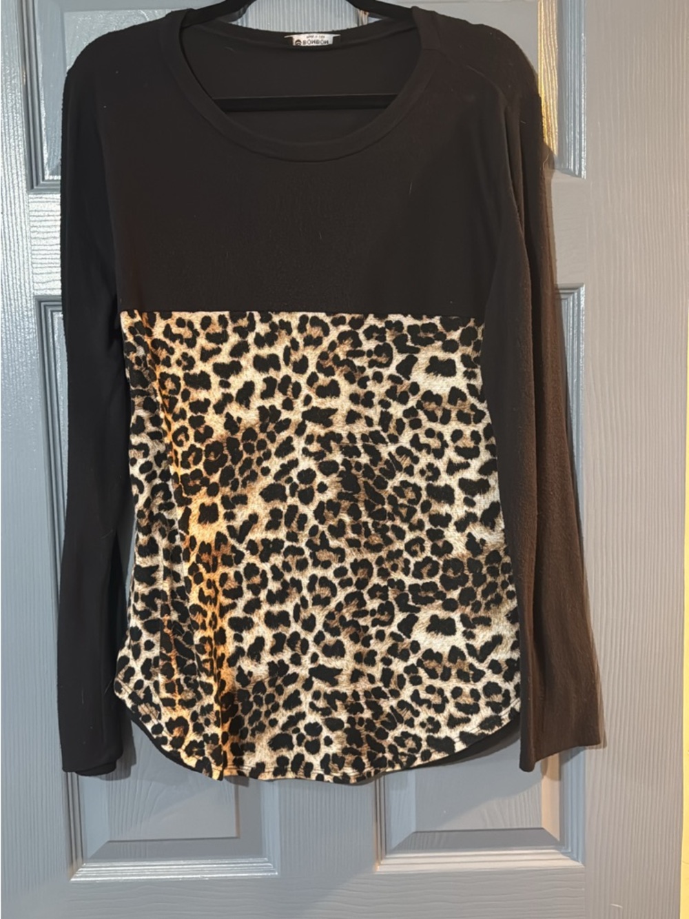 Black Long Sleeve Top with Leopard Print Panel